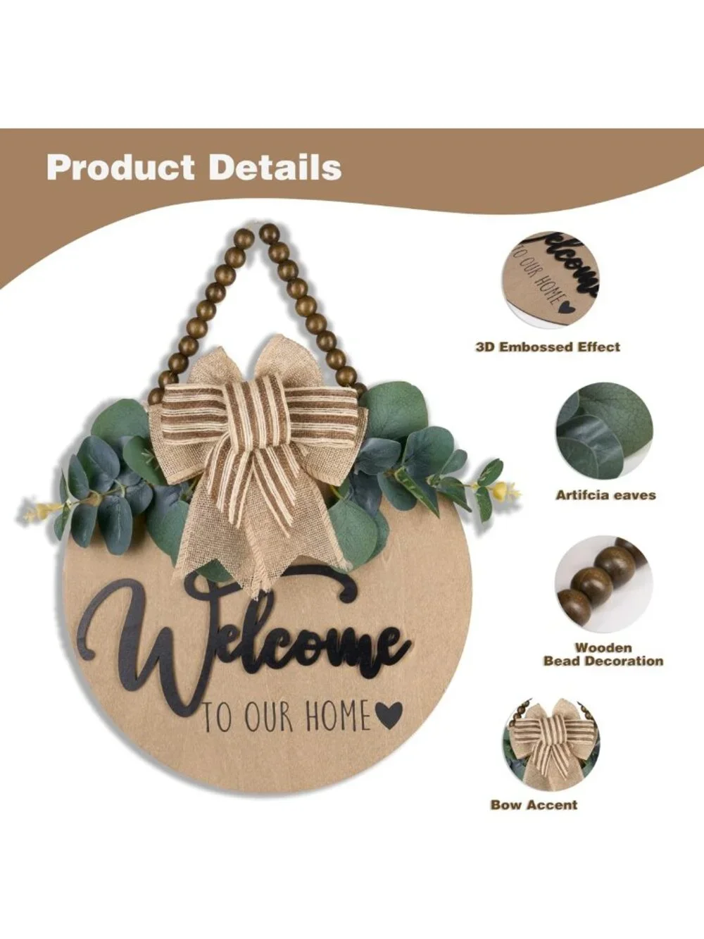 3D Welcome Sign for Front Door | Rustic Wooden Hanging Décor with Leaves & Beads